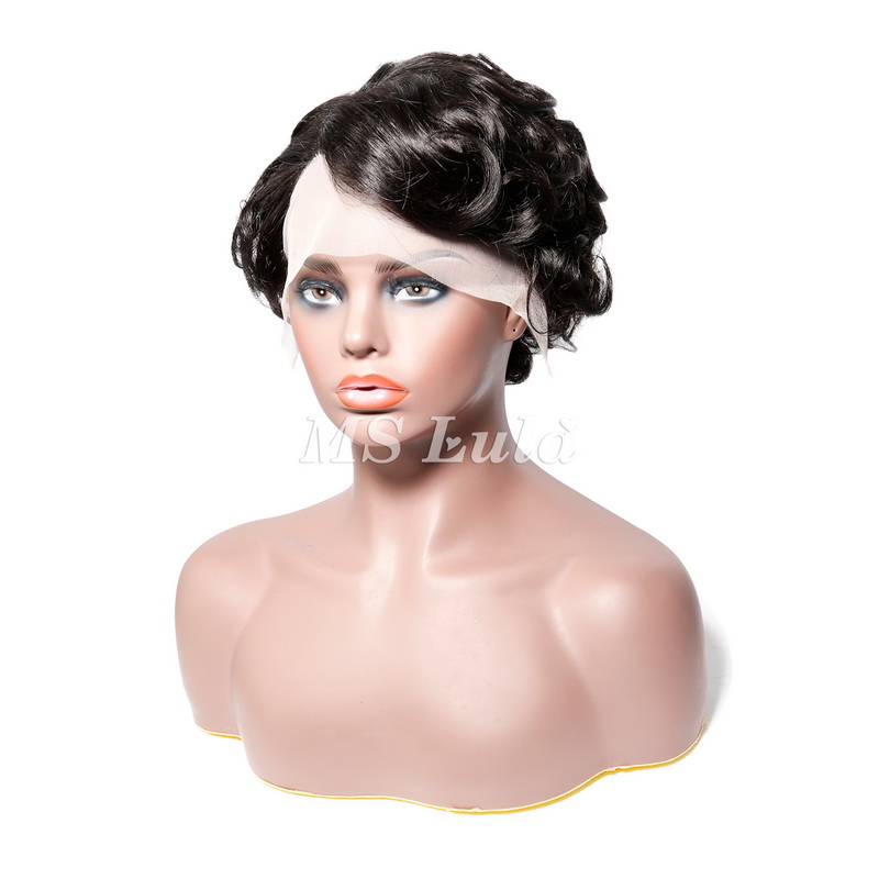 #1B Natural Color Human Hair Curly Wig T Part Pixie Cut Wigs - 图片 6